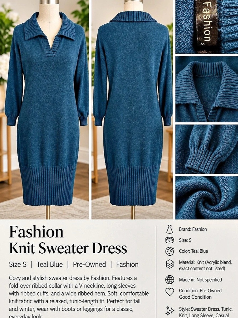 Fashion Knit Sweater Dress Blue Midi Sweater Dress Size Small